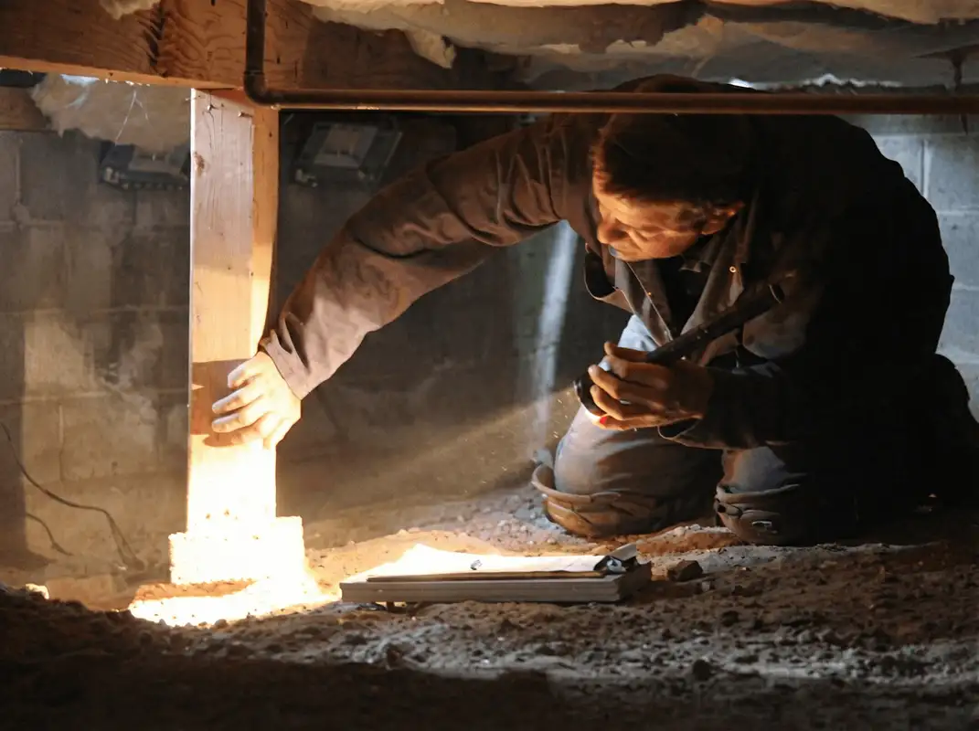 A professional inspecting wooden beams under the floor of a structure in Fort Worth, TX